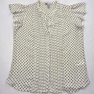 HM‎ Conscious Blouse Womens 10 White Black Polka Dot Pleated Flutter Sleeve Top